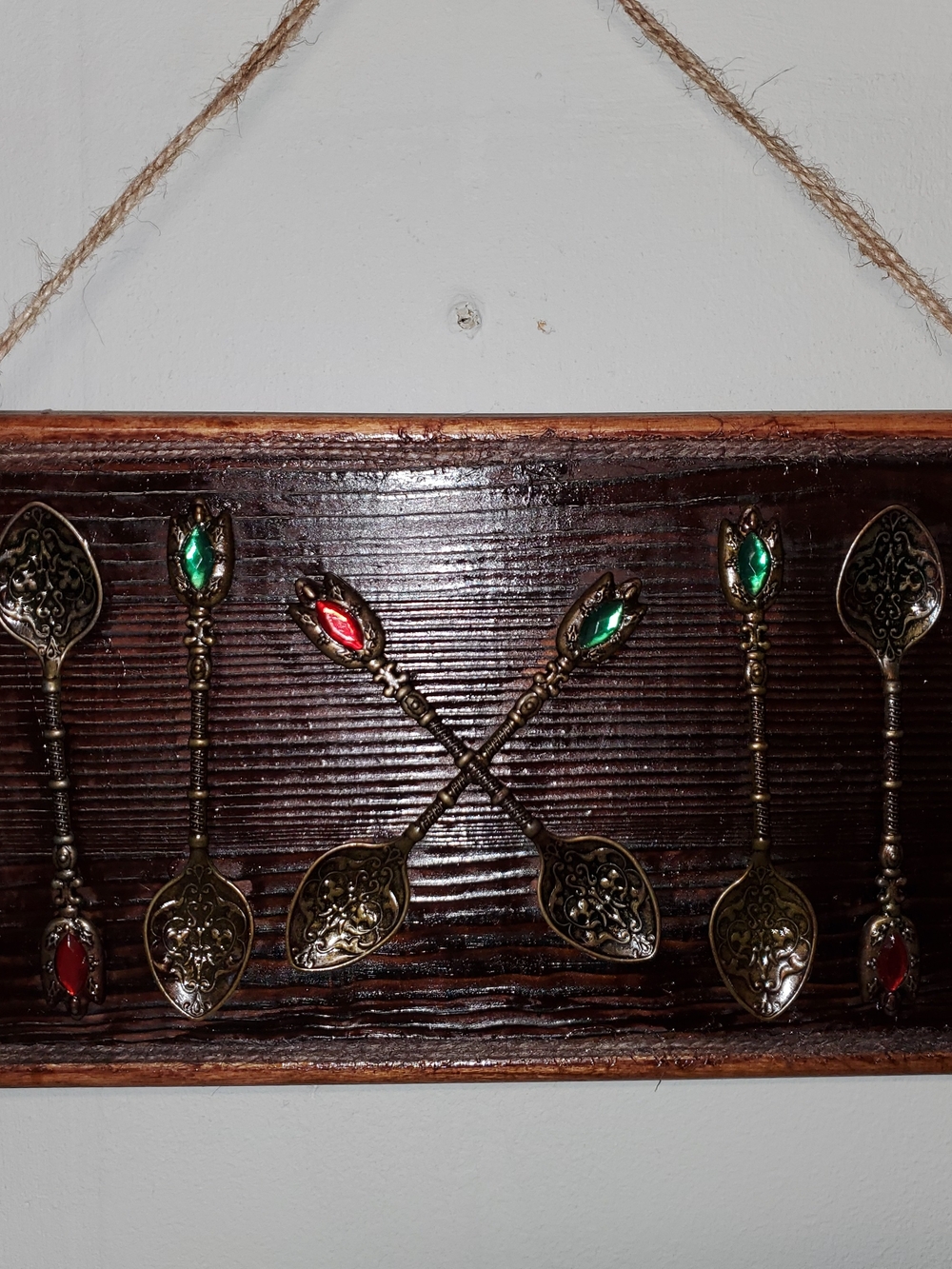 Handcrafted Vintage Decorative Wall Spoon Plaque with Red & Green Gems